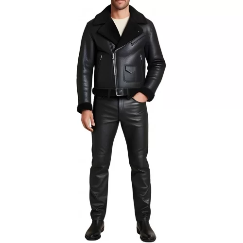 Blouson type perfecto en mouton retourné extèrieur mouton huilé aspect cuir modèle Partoce