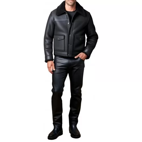 Blouson en mouton retourné extèrieur mouton huilé aspect cuir modèle Gabin