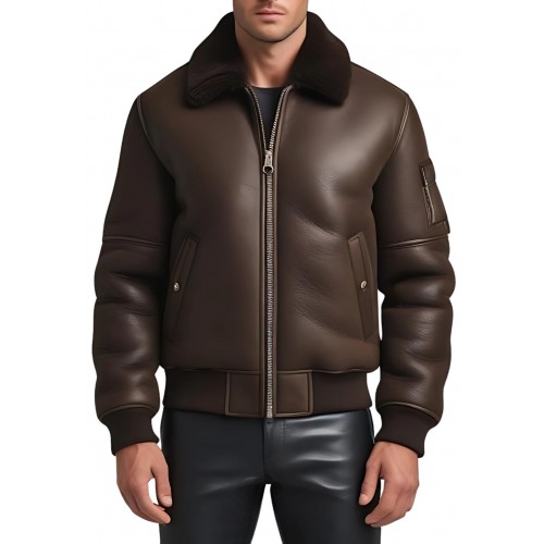 Blouson en mouton retourné extèrieur mouton huilé aspect cuir marron modèle Gabin