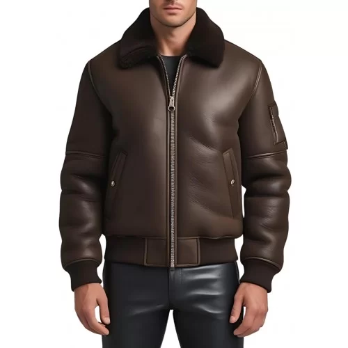 Blouson en mouton retourné extèrieur mouton huilé aspect cuir marron modèle Gabin