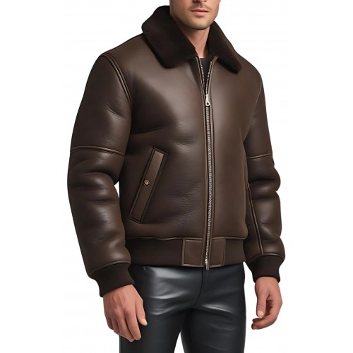 Blouson en mouton retourné extèrieur mouton huilé aspect cuir marron modèle Gabin