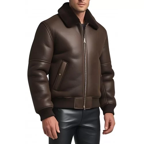 Blouson en mouton retourné extèrieur mouton huilé aspect cuir marron modèle Gabin