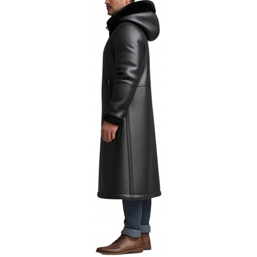 Manteau long peau lainée en mouton retourné façon cuir huilé modèle Gaspard