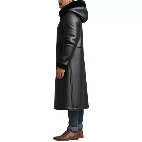 Manteau long peau lainée en mouton retourné façon cuir huilé modèle Gaspard