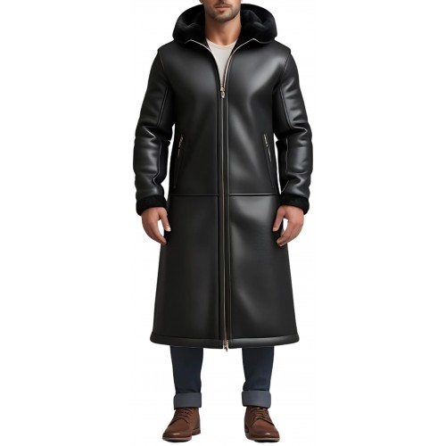 Manteau long peau lainée en mouton retourné façon cuir huilé modèle Gaspard