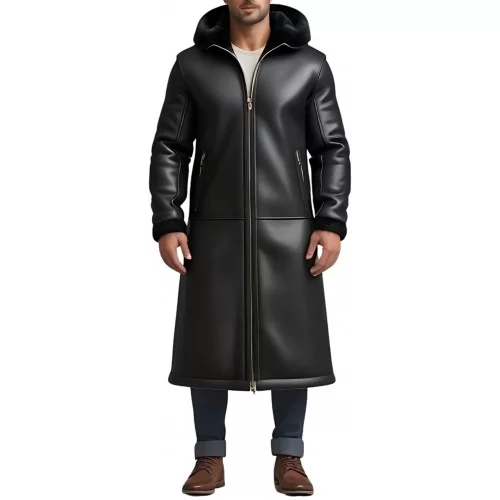 Manteau long peau lainée en mouton retourné façon cuir huilé modèle Gaspard