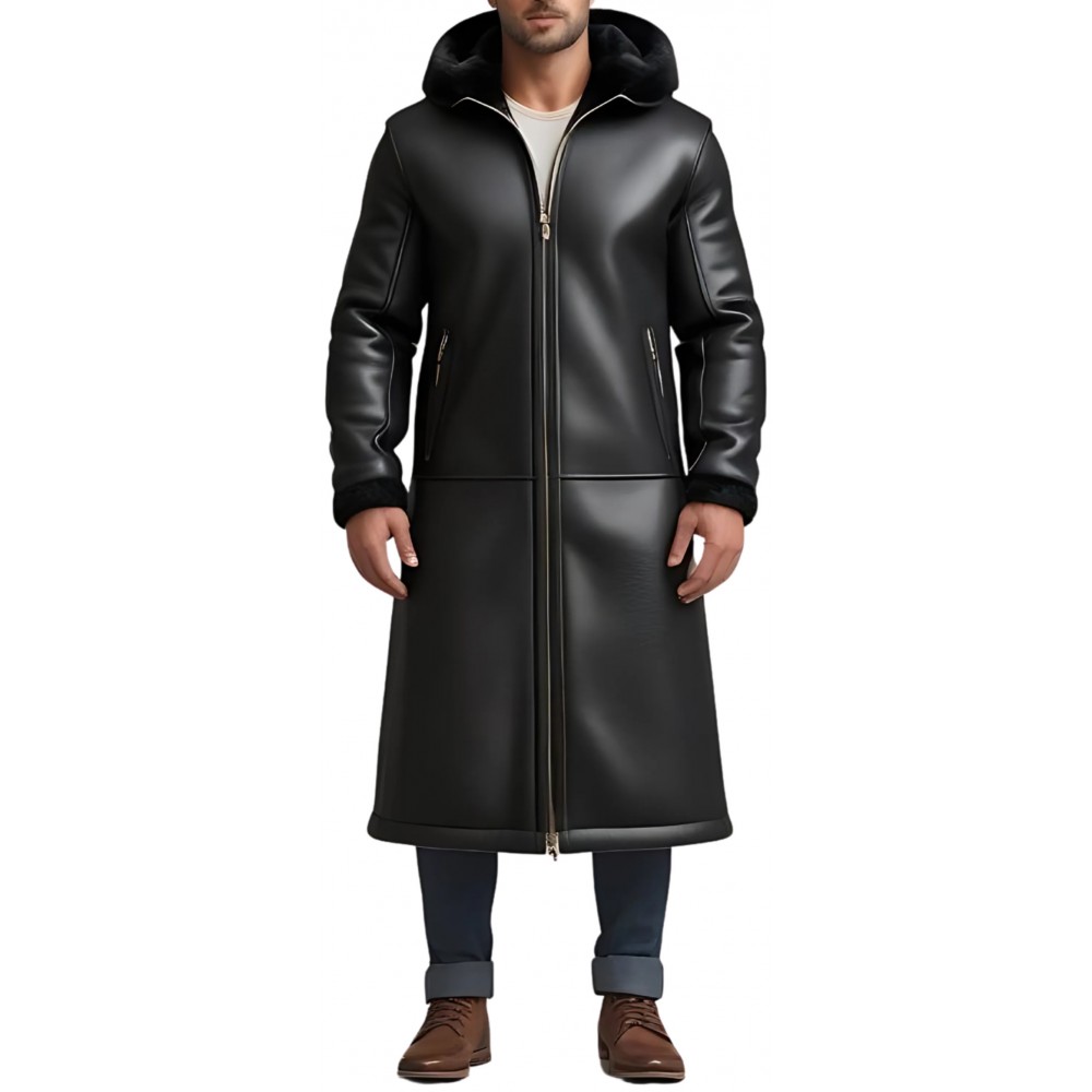 Manteau long peau lainée en mouton retourné façon cuir huilé modèle Gaspard