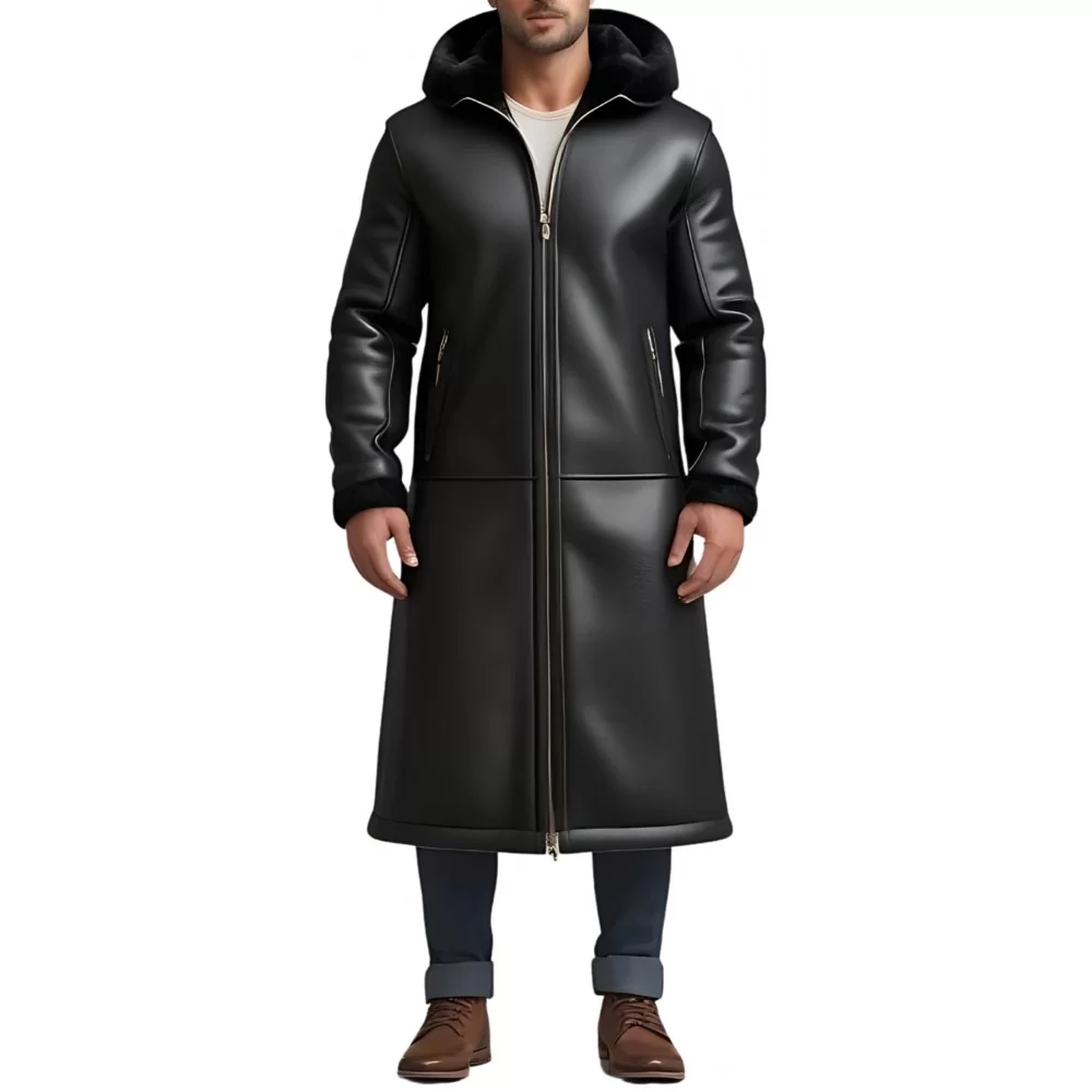 Manteau long peau lainée en mouton retourné façon cuir huilé modèle Gaspard