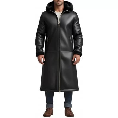 Manteau long peau lainée en mouton retourné façon cuir huilé modèle Gaspard