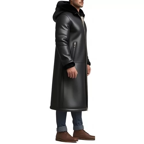 Manteau long peau lainée en mouton retourné façon cuir huilé modèle Gaspard