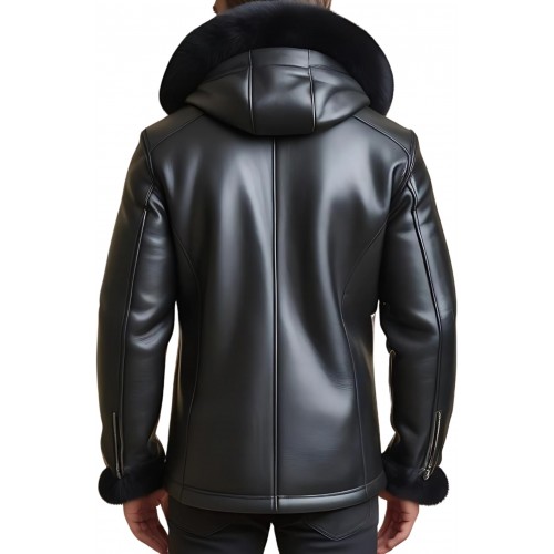 Veste homme peau lainée extèrieur en mouton retourné façon cuir huilé intèrieur mouton noir avec capuche modèle Sacha