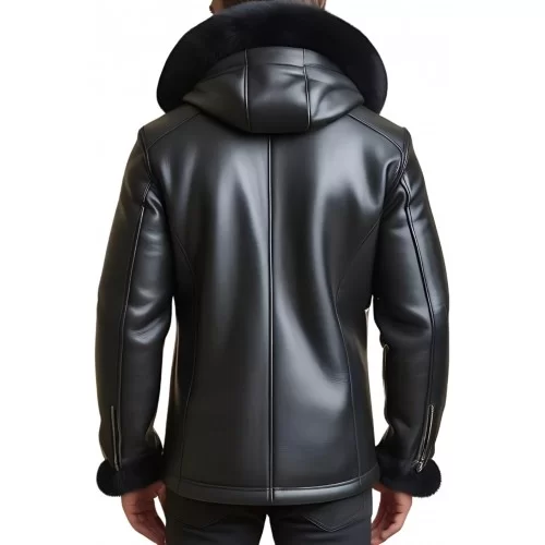 Veste homme peau lainée extèrieur en mouton retourné façon cuir huilé intèrieur mouton noir avec capuche modèle Sacha
