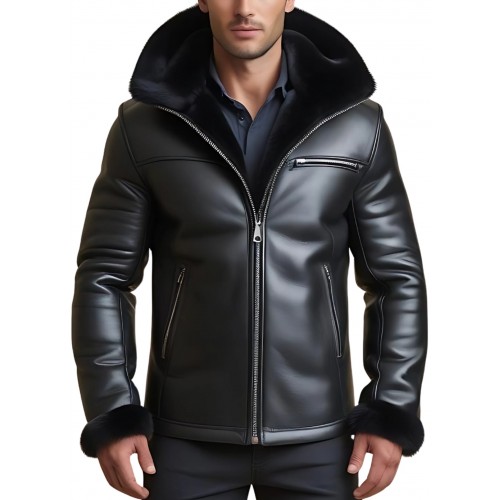 Veste homme peau lainée extèrieur en mouton retourné façon cuir huilé intèrieur mouton noir avec capuche modèle Sacha