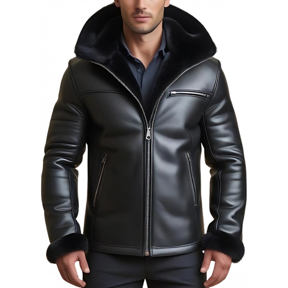 Veste homme peau lainée extèrieur en mouton retourné façon cuir huilé intèrieur mouton noir avec capuche modèle Sacha