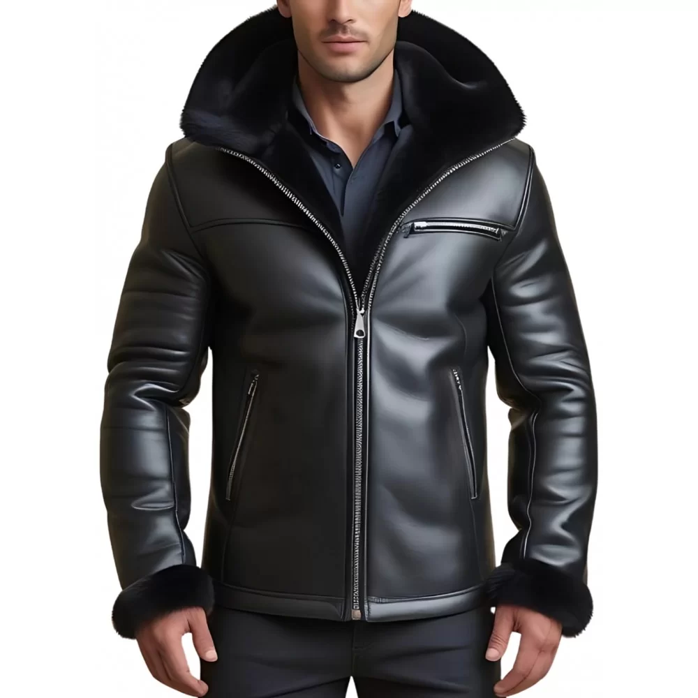 Veste homme peau lainée extèrieur en mouton retourné façon cuir huilé intèrieur mouton noir avec capuche modèle Sacha