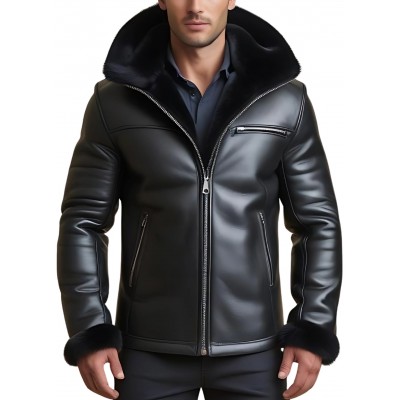 Veste homme peau lainée extèrieur en mouton retourné façon cuir huilé intèrieur mouton noir avec capuche modèle Sacha