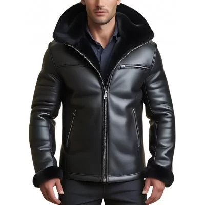 Veste homme peau lainée extèrieur en mouton retourné façon cuir huilé intèrieur mouton noir avec capuche modèle Sacha