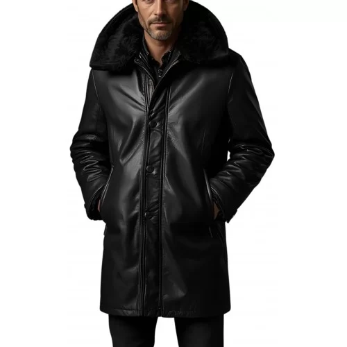 Trois quart homme extèrieur en mouton retourné façon cuir huilé intèrieur mouton noir avec capuche modèle maël