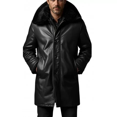 Trois quart homme extèrieur en mouton retourné façon cuir huilé intèrieur mouton noir avec capuche modèle maël