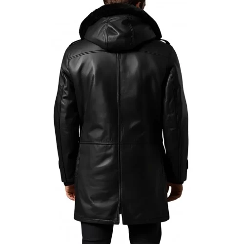 Trois quart homme extèrieur en mouton retourné façon cuir huilé intèrieur mouton noir avec capuche modèle maël