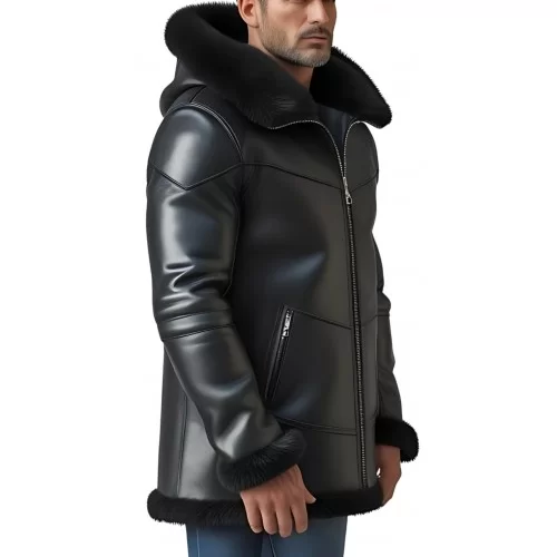 Veste homme extèrieur en mouton retourné façon cuir huilé intèrieur mouton noir avec capuche modèle Marceau
