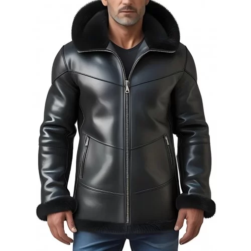 Veste homme extèrieur en mouton retourné façon cuir huilé intèrieur mouton noir avec capuche modèle Marceau