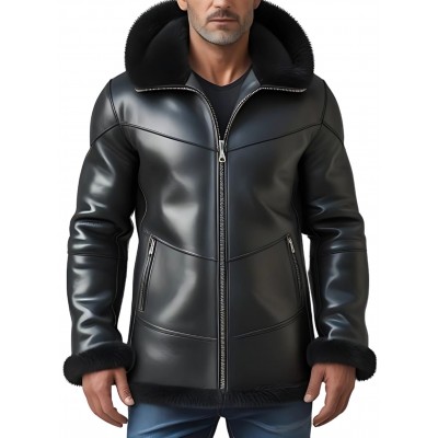 Veste homme extèrieur en mouton retourné façon cuir huilé intèrieur mouton noir avec capuche modèle Marceau