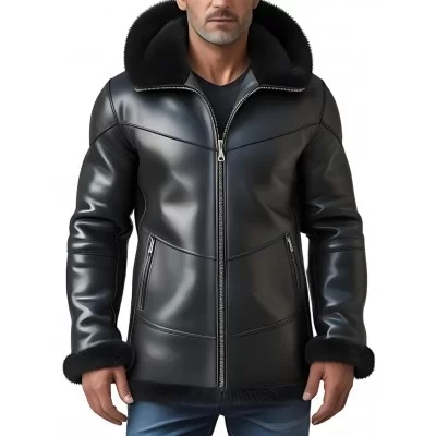 Veste homme extèrieur en mouton retourné façon cuir huilé intèrieur mouton noir avec capuche modèle Marceau