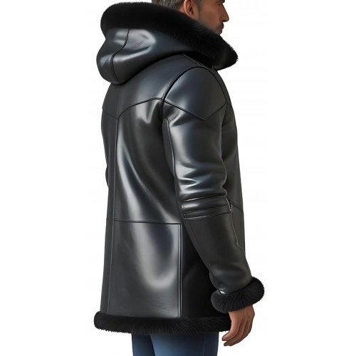 Veste homme extèrieur en mouton retourné façon cuir huilé intèrieur mouton noir avec capuche modèle Marceau