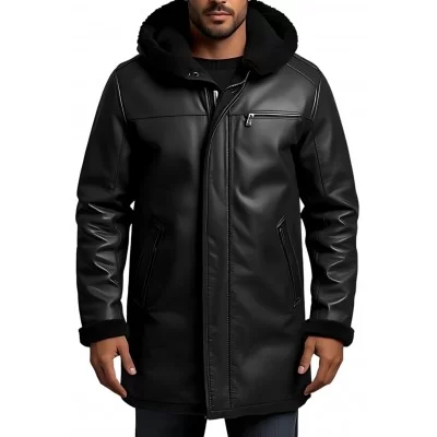 Trois quart homme extèrieur en mouton retourné façon cuir huilé intèrieur mouton noir avec capuche modèle Lucien