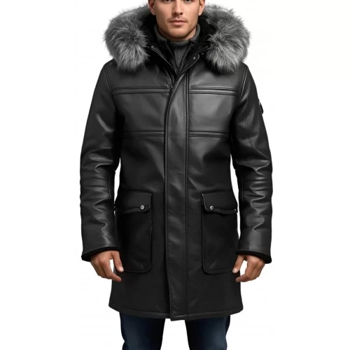 3/4 homme peau lainée mouton retourné huilé noir intèrieur mouton noir avec capuche amovible bords renard argenté modèle Lucio