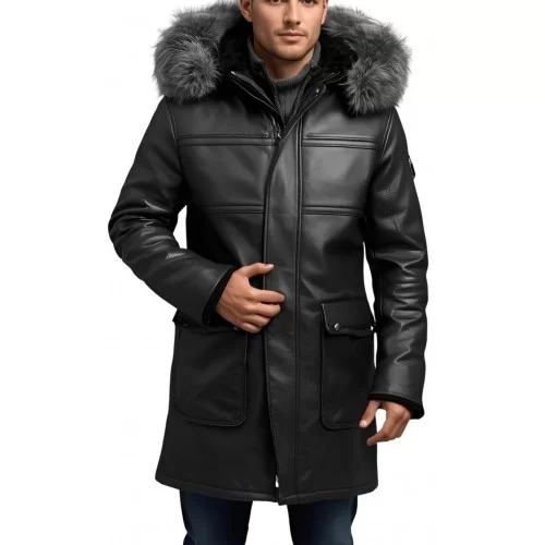 3/4 homme peau lainée mouton retourné huilé noir intèrieur mouton noir avec capuche amovible bords renard argenté modèle Lucio