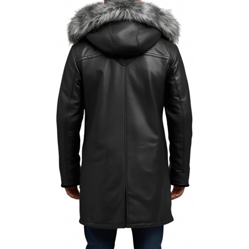 3/4 homme peau lainée mouton retourné huilé noir intèrieur mouton noir avec capuche amovible bords renard argenté modèle Lucio
