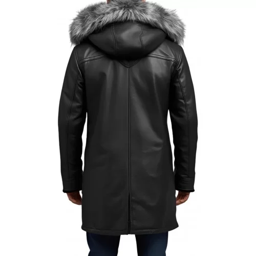 3/4 homme peau lainée mouton retourné huilé noir intèrieur mouton noir avec capuche amovible bords renard argenté modèle Lucio