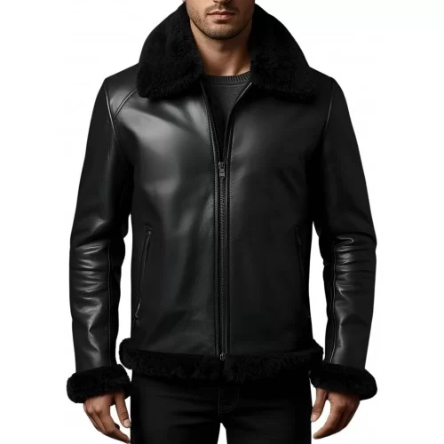 Blouson type bombardier en mouton retourné extèrieur mouton huilé aspect cuir col mouton modèle Théodore