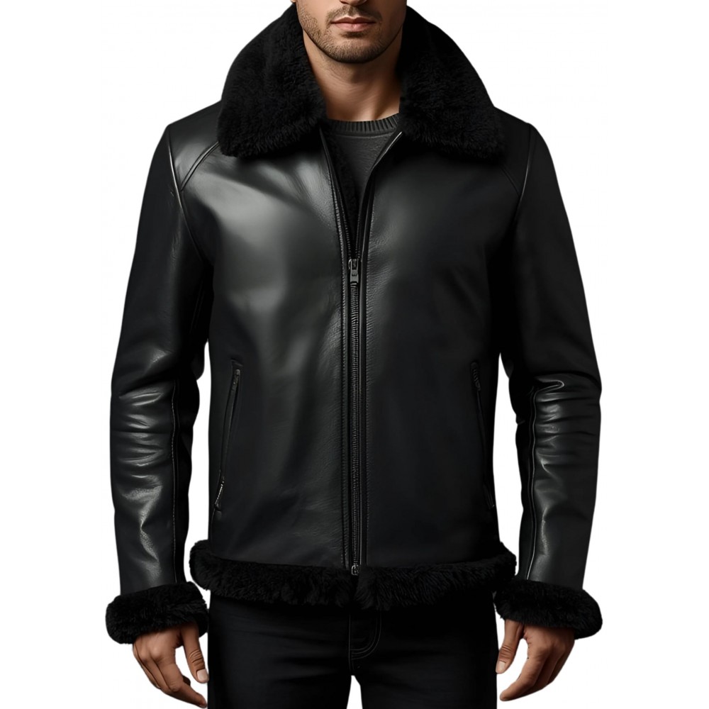 Blouson type bombardier en mouton retourné extèrieur mouton huilé aspect cuir col mouton modèle Théodore
