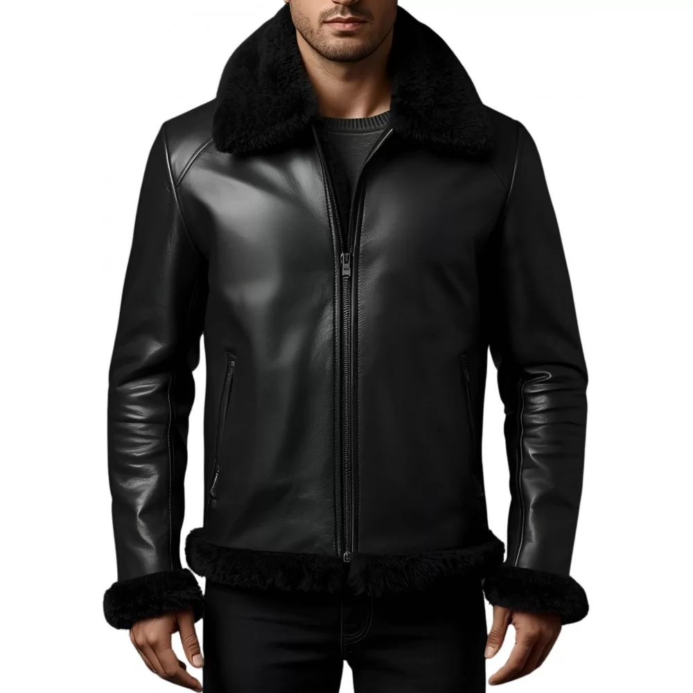 Blouson type bombardier en mouton retourné extèrieur mouton huilé aspect cuir col mouton modèle Théodore