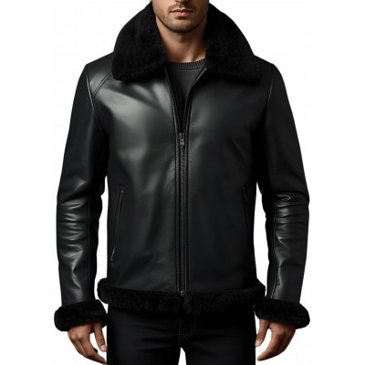 Blouson type bombardier en mouton retourné extèrieur mouton huilé aspect cuir col mouton modèle Théodore