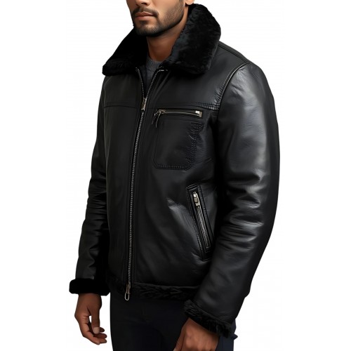 Blouson type bombardier en mouton retourné extèrieur mouton huilé aspect cuir col mouton modèle Esteban