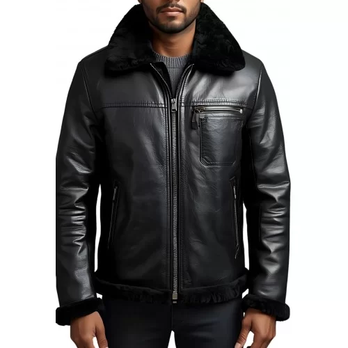 Blouson type bombardier en mouton retourné extèrieur mouton huilé aspect cuir col mouton modèle Esteban