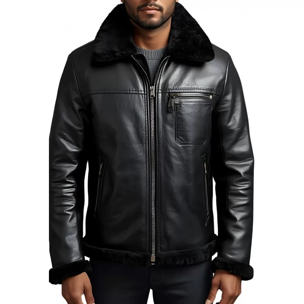 Blouson type bombardier en mouton retourné extèrieur mouton huilé aspect cuir col mouton modèle Esteban