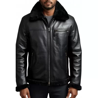 Blouson type bombardier en mouton retourné extèrieur mouton huilé aspect cuir col mouton modèle Esteban