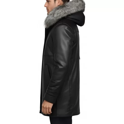 3/4 homme peau lainée mouton retourné huilé noir intèrieur mouton noir avec capuche amovible bords renard argenté modèle Dilian