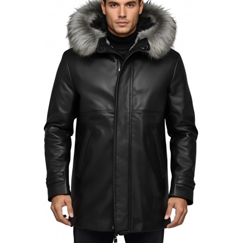 3/4 homme peau lainée mouton retourné huilé noir intèrieur mouton noir avec capuche amovible bords renard argenté modèle Dilian