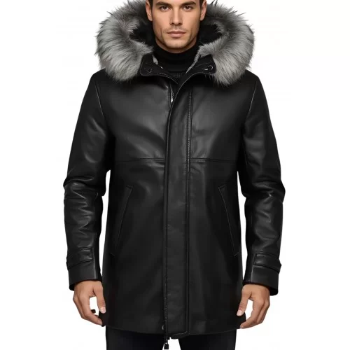 3/4 homme peau lainée mouton retourné huilé noir intèrieur mouton noir avec capuche amovible bords renard argenté modèle Dilian