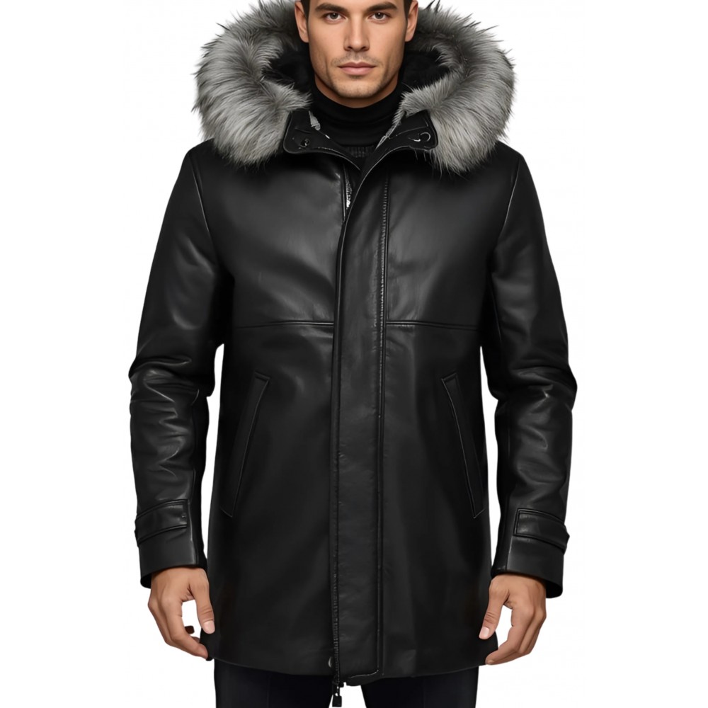 3/4 homme peau lainée mouton retourné huilé noir intèrieur mouton noir avec capuche amovible bords renard argenté modèle Dilian