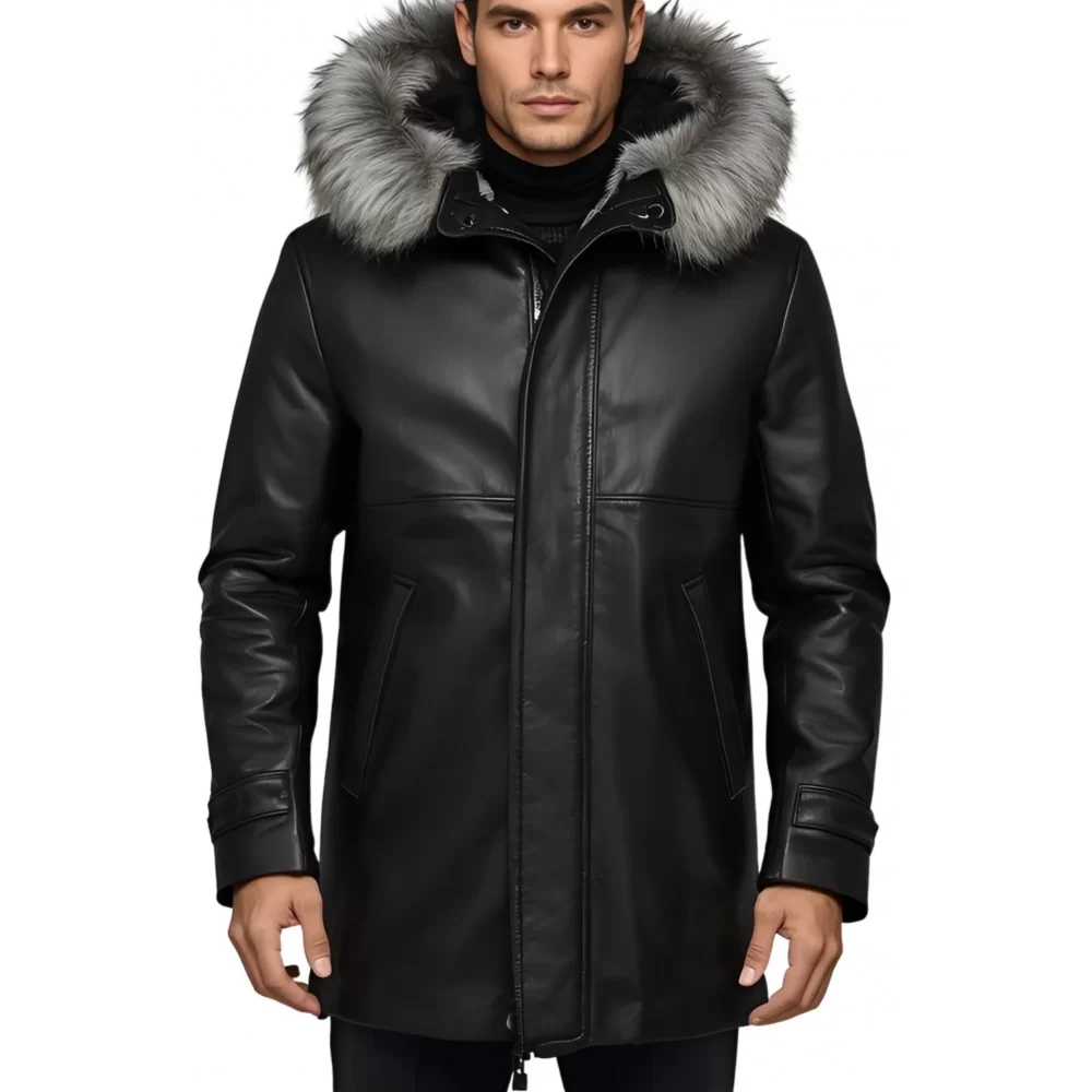 3/4 homme peau lainée mouton retourné huilé noir intèrieur mouton noir avec capuche amovible bords renard argenté modèle Dilian
