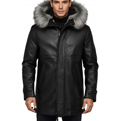 3/4 homme peau lainée mouton retourné huilé noir intèrieur mouton noir avec capuche amovible bords renard argenté modèle Dilian