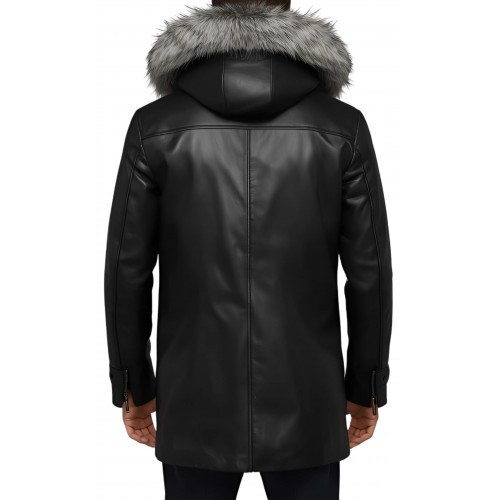 3/4 homme peau lainée mouton retourné huilé noir intèrieur mouton noir avec capuche amovible bords renard argenté modèle Dilian