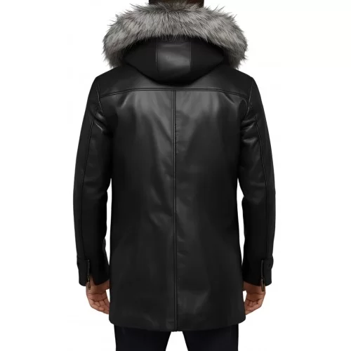 3/4 homme peau lainée mouton retourné huilé noir intèrieur mouton noir avec capuche amovible bords renard argenté modèle Dilian